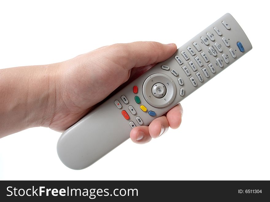 White Infrared remote control in hand on a white background