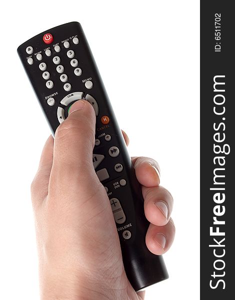 Black Infrared remote control in hand on a white background