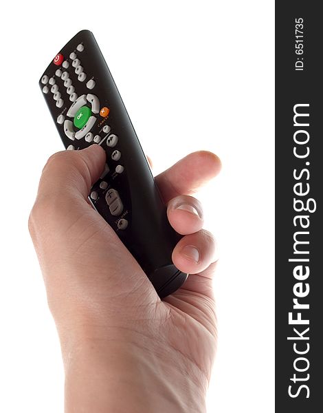 Black Infrared remote control in hand on a white background