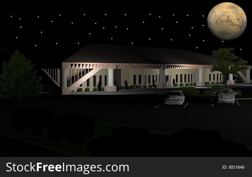 3d rendering of an office condo at night. 3d rendering of an office condo at night