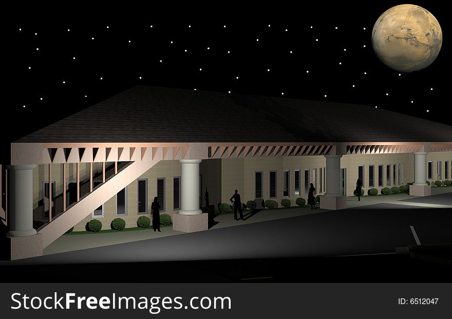 3d rendering of an office condo at night. 3d rendering of an office condo at night