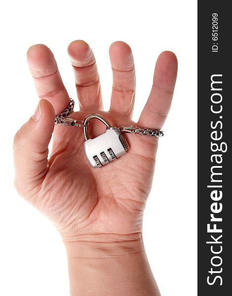 Code lock in hand on a white background