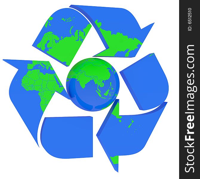 Conceptual recycling symbol made from earth globe and a small recycle symbol. Conceptual recycling symbol made from earth globe and a small recycle symbol.