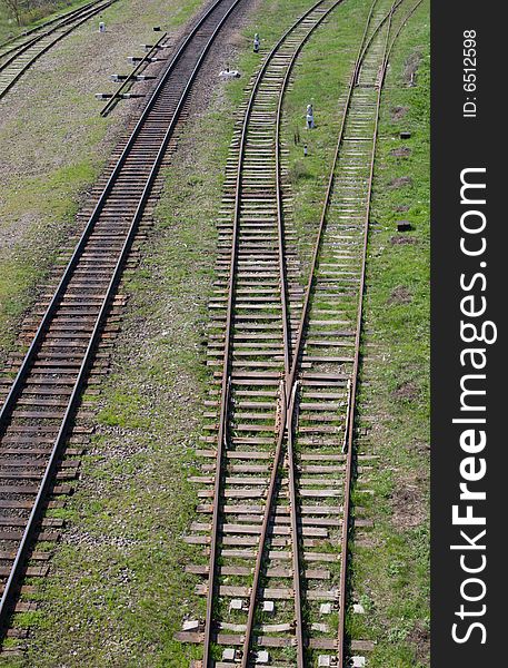 Several railroad tracks, seen from above. Several railroad tracks, seen from above
