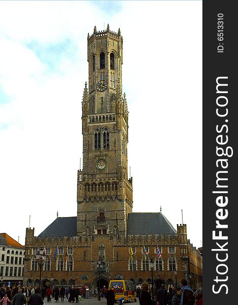 Bell tower of gothic style, greater place Bruges, Belgium. Bell tower of gothic style, greater place Bruges, Belgium.