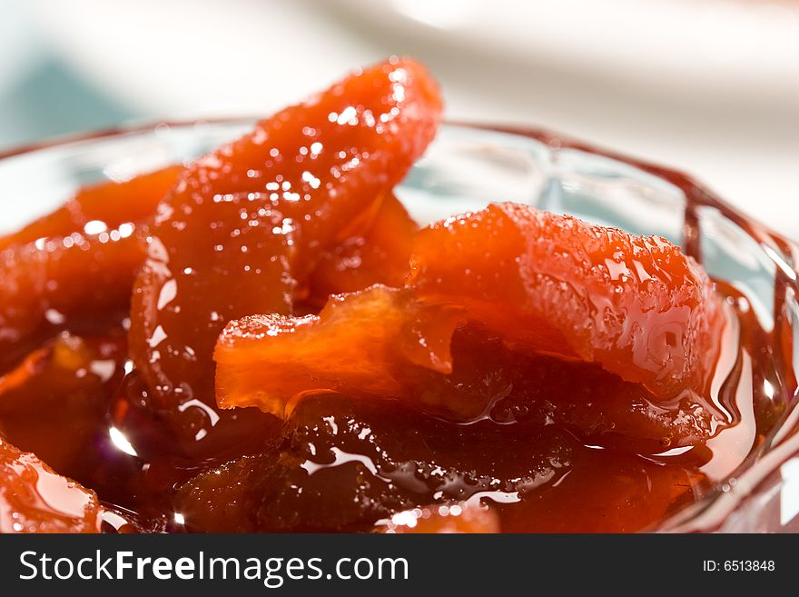 Food sereis: candied quince jam in glass. Food sereis: candied quince jam in glass