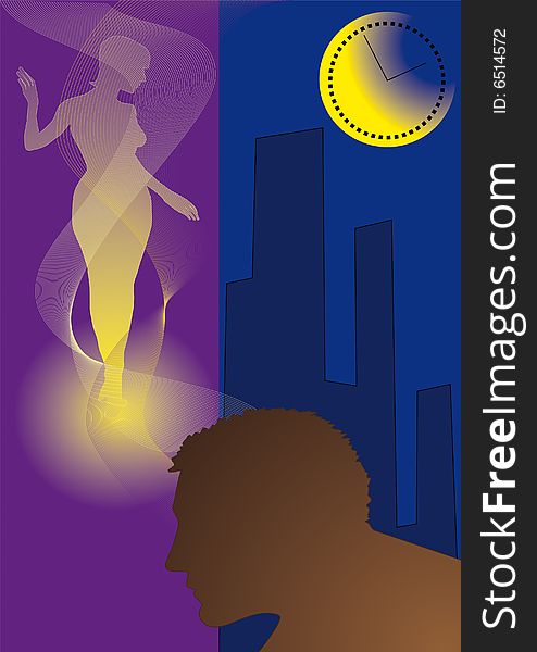 Male silhouette on background of the night city dreams of fondness. Male silhouette on background of the night city dreams of fondness