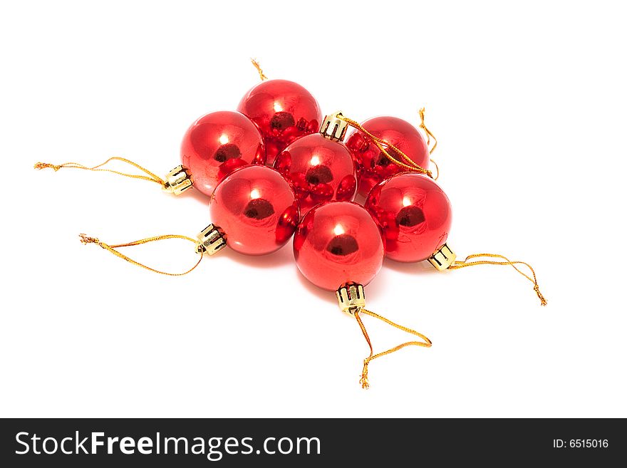 Isolated red seven christmas balls on white background