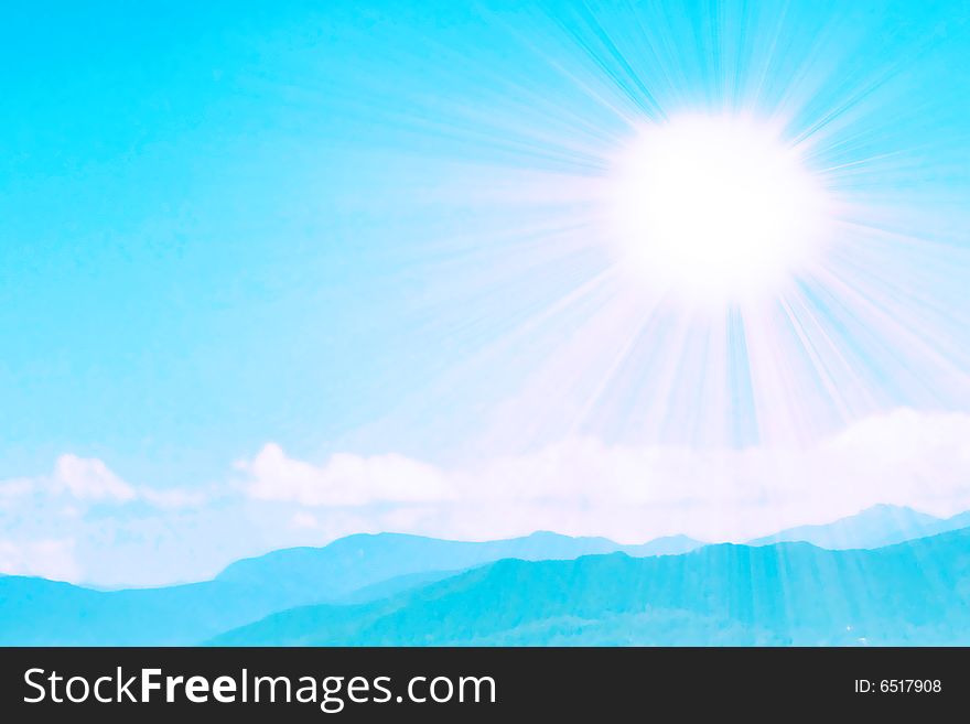 Bright sunbeams illuminate beautiful cloud on blue sky