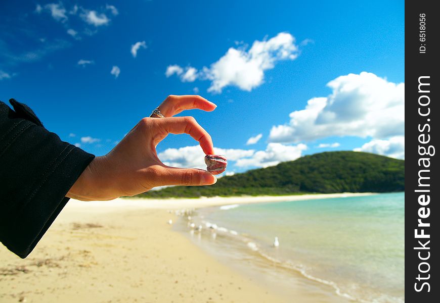 A girl holding a small pink shell on a tropical beach. A girl holding a small pink shell on a tropical beach