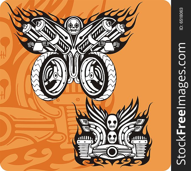 Motorcycle compositions with use of a flame, engines, exhaust pipes and skulls.