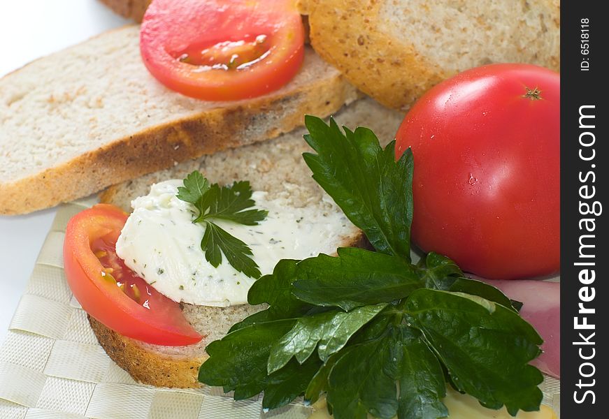 Breakfast,bread,celery,tomato and salami