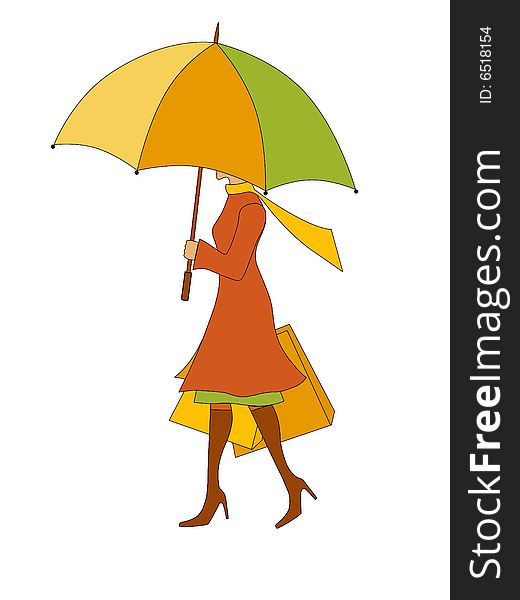 Elegant woman with umbrella and shopping bags,  on white background. Elegant woman with umbrella and shopping bags,  on white background.