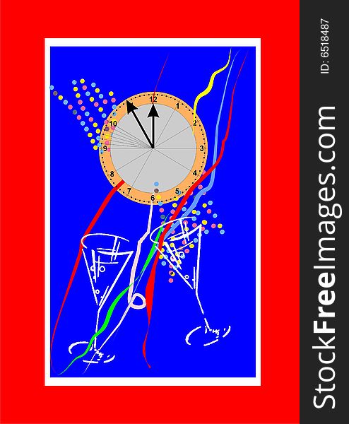 New years eve scene with glass and clock, as a card or poster