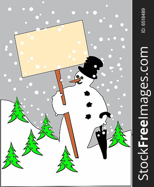 Snowman scene with promotion board or tex tboard. Also available in eps. For greeting card and advertisement