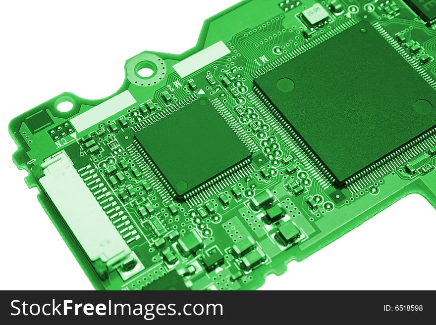 Computer board with chips colored in green style. Computer board with chips colored in green style