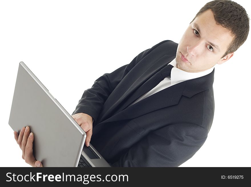 Young businessman with notebook on white background