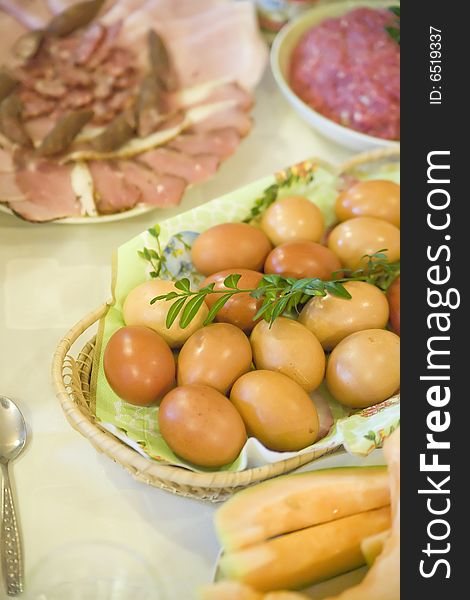 Easter table filled with delicious meals. Easter table filled with delicious meals