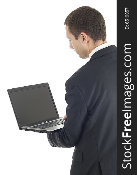 Young businessman with notebook on white background