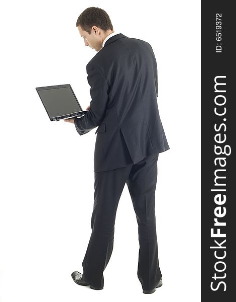 Young businessman with notebook on white background