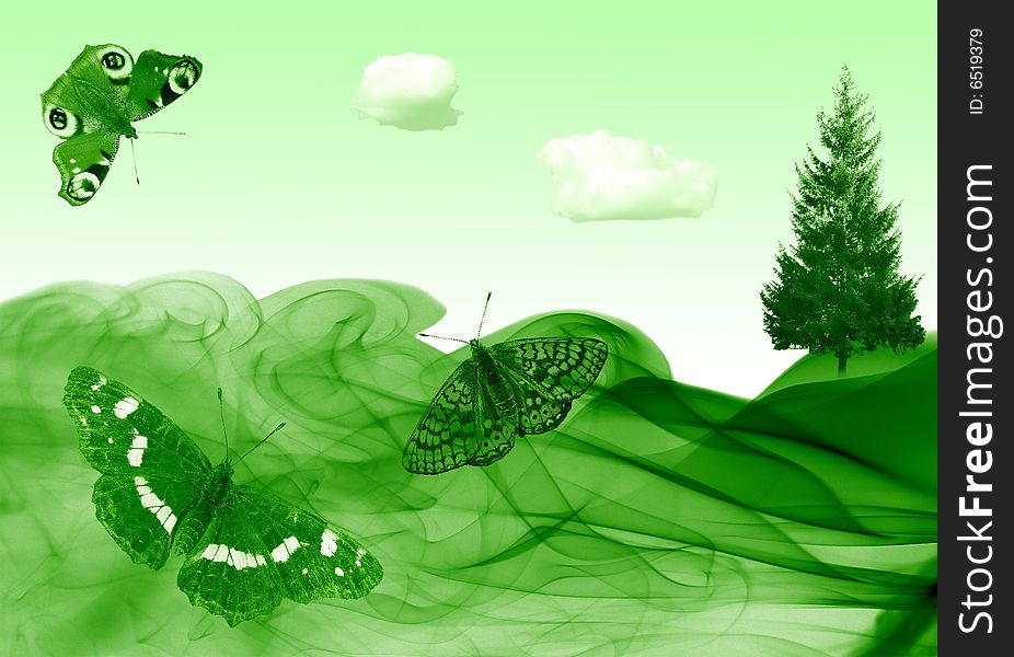 Green abstract background with fir, clouds and butterflies. Green abstract background with fir, clouds and butterflies