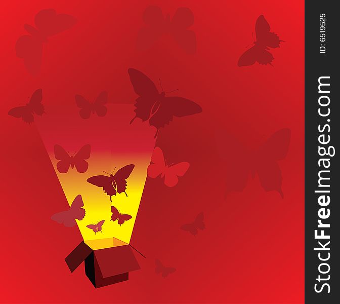Red illustration with open box and butterflies