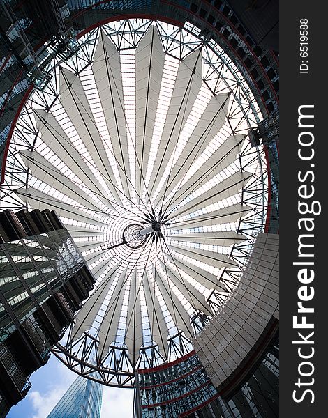 Futuristic roof of Sony Center in Berlin - photo taken by ultrawide lens. Futuristic roof of Sony Center in Berlin - photo taken by ultrawide lens