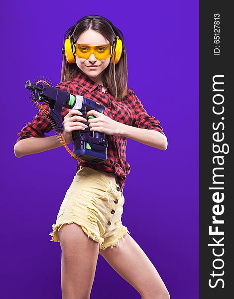 Waist Picture Girl-builder In Hearing Protection And Protec