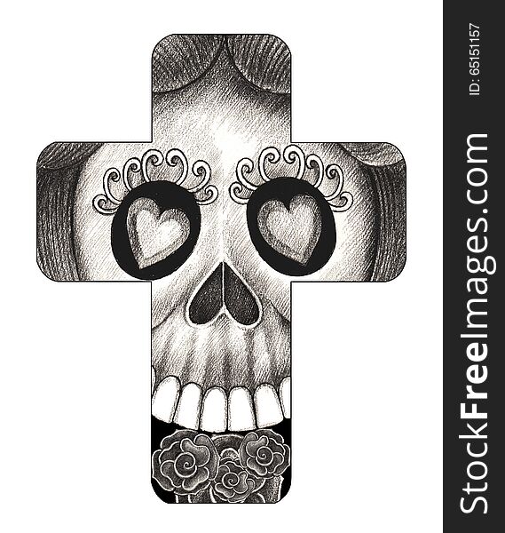 Art design head skull mix cross day of the dead hand pencil drawing on paper. Art design head skull mix cross day of the dead hand pencil drawing on paper.