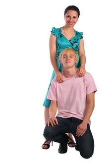 Young Woamn Stand Behind Young Man Siting On Knee Royalty Free Stock Photo