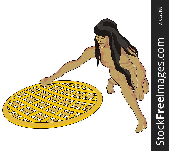 Art illustration of a south-american indian with a sieve