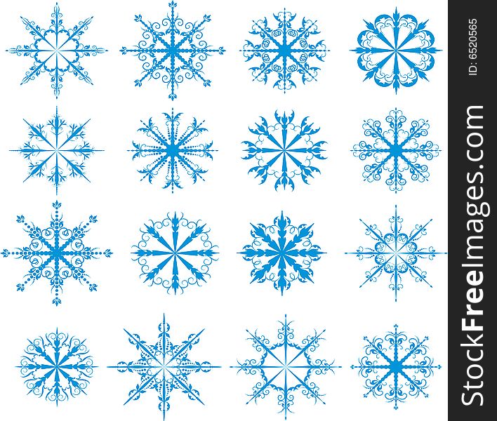 Icon set of 16 different snowflakes. Icon set of 16 different snowflakes