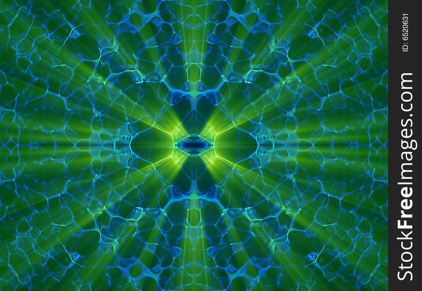 Alien fantasy mirrored blue object surface with green rays. Alien fantasy mirrored blue object surface with green rays