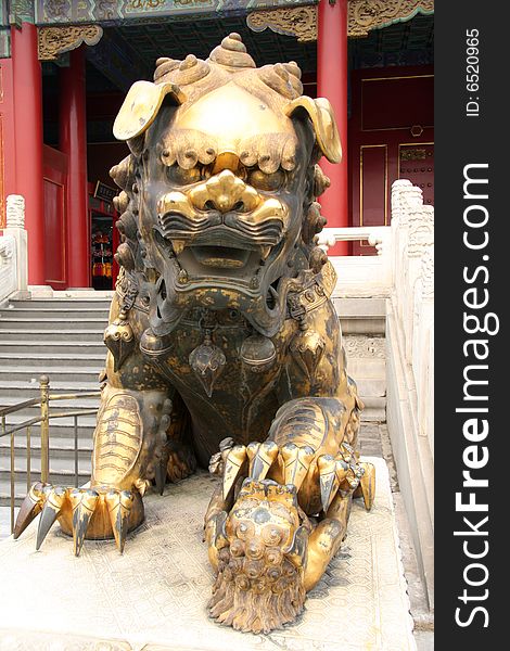 Chinese tradition construction,ancient palace and copper lion. Chinese tradition construction,ancient palace and copper lion