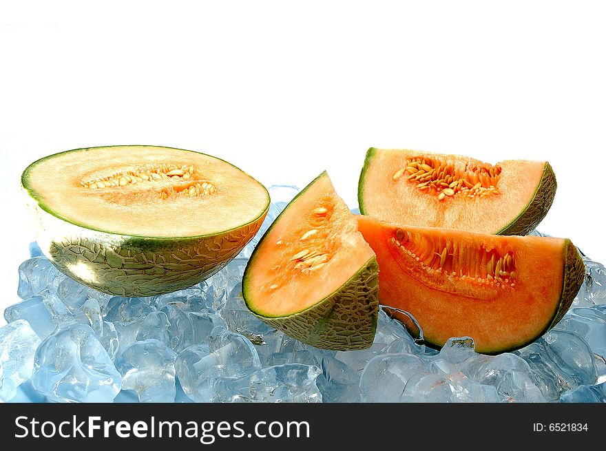 Water melon on ice on white background