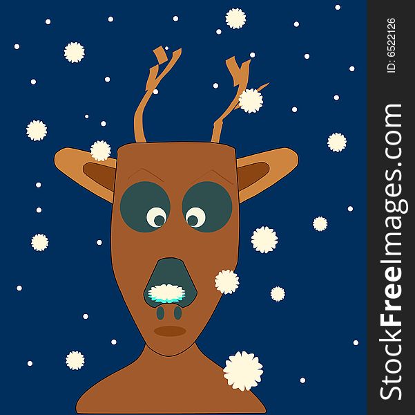 Reindeer looking at snowflake on nose