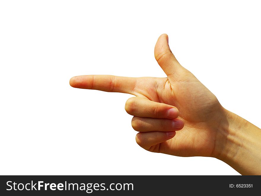Hand pointing with index finger against a white background