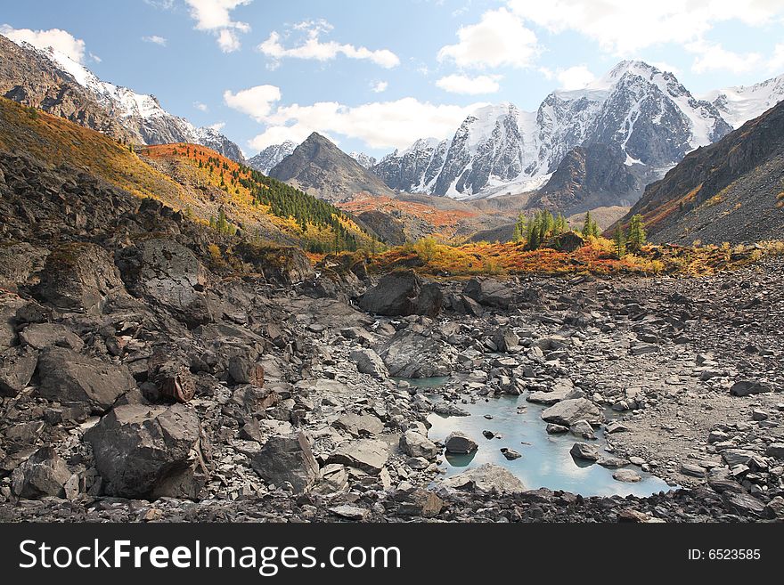 Mountain Peaks, Larch Forest And Small Lake