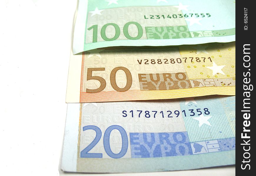 The left corners of euro banknotes. The left corners of euro banknotes