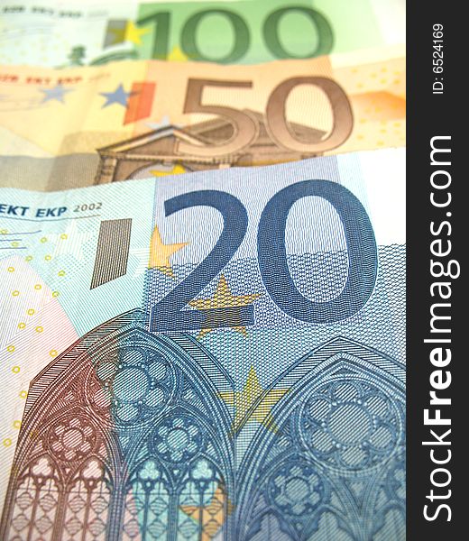 A twenty, fifty and hundred euro banknote. A twenty, fifty and hundred euro banknote