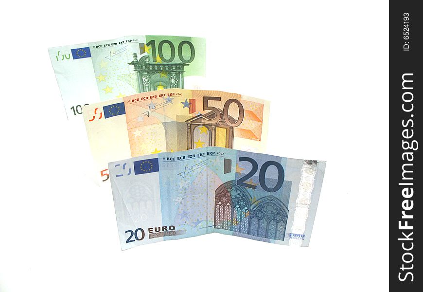 Three euro banknotes in a row. Three euro banknotes in a row