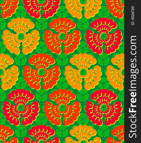 Vivid, colorful, repeating flower background on green. Vivid, colorful, repeating flower background on green