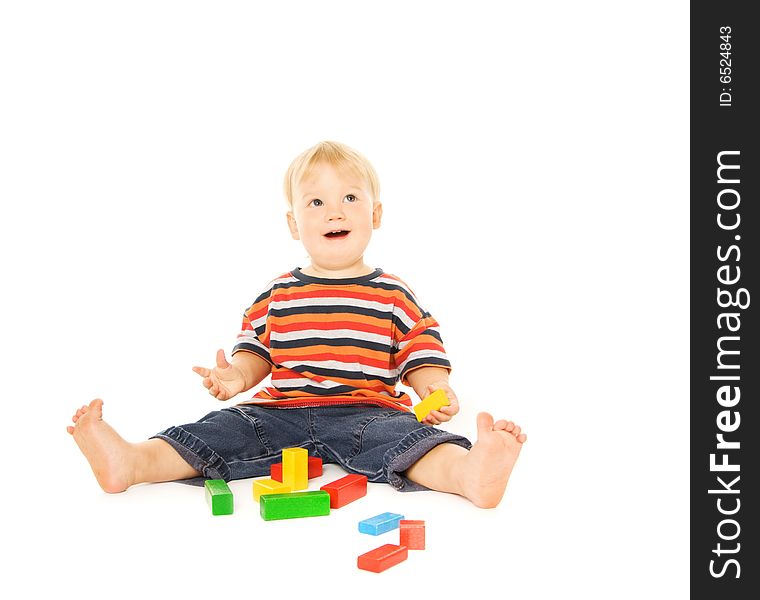 Beautiful young child playing intellectual game. Isolated on white background