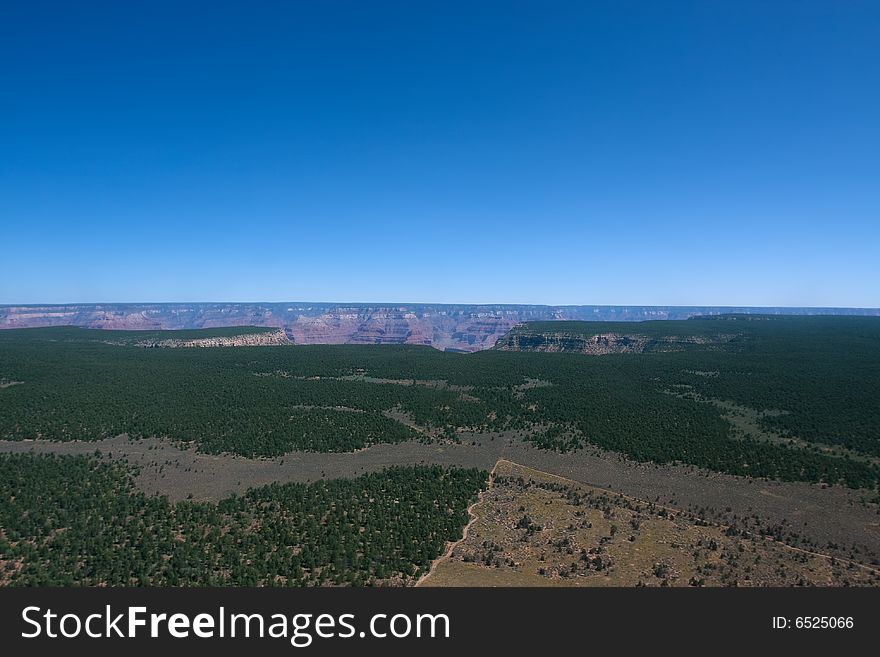 Flight over Grand Canyon with blue sky and green trees