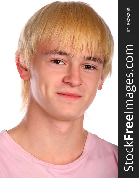 Young man in pink shirt. Isolated