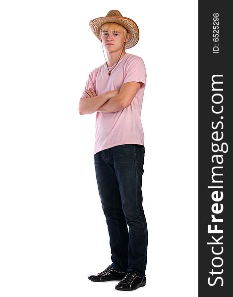 Young man in pink shirt and cowboy hat. Isolated.