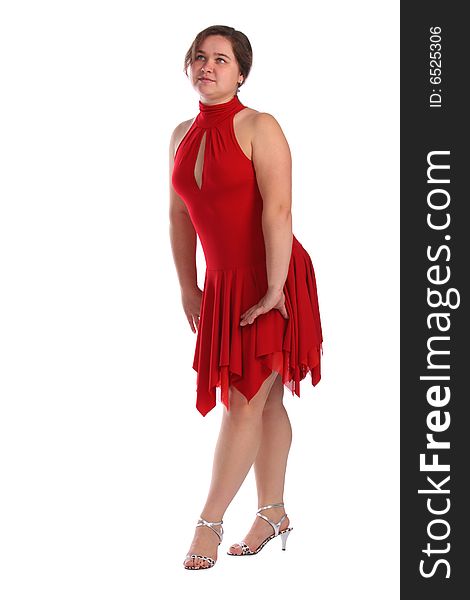 Chubby girl in red dress dancing isolated