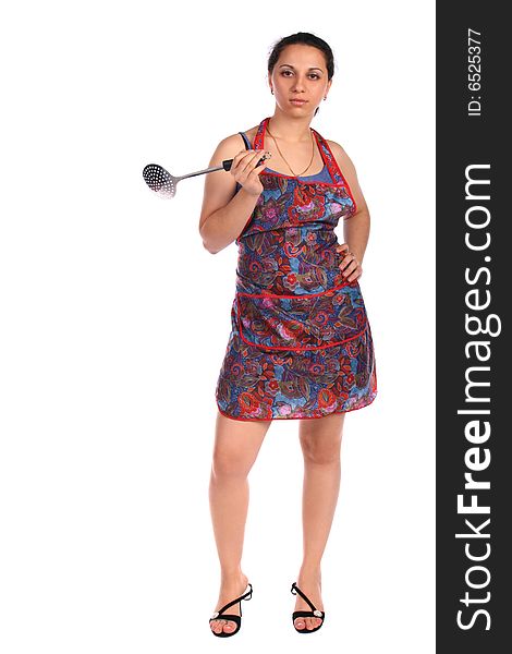 Young housewife with ladle. Isolated.