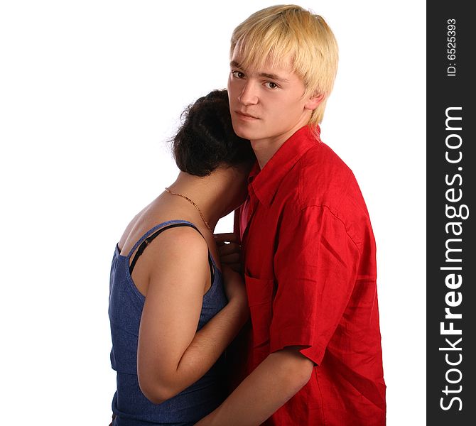 Young man embrace girl. Isolated