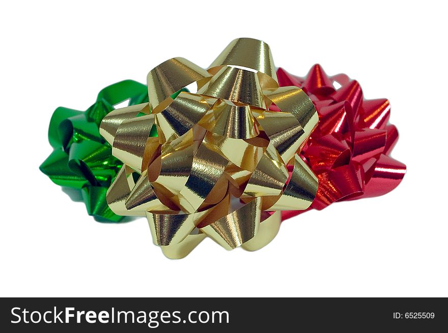 Three Colorful Christmas Bows of green, gold and red
